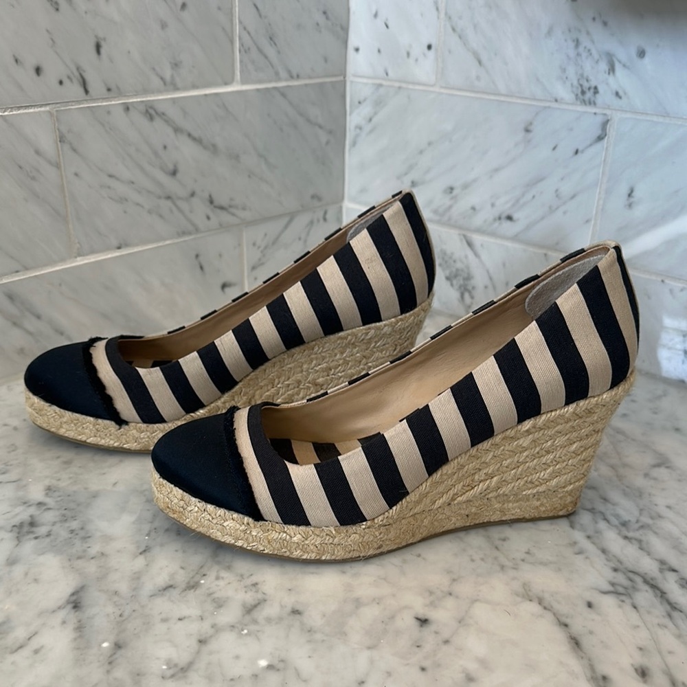 J. Crew Tan and Blue Wedge Espadrilles